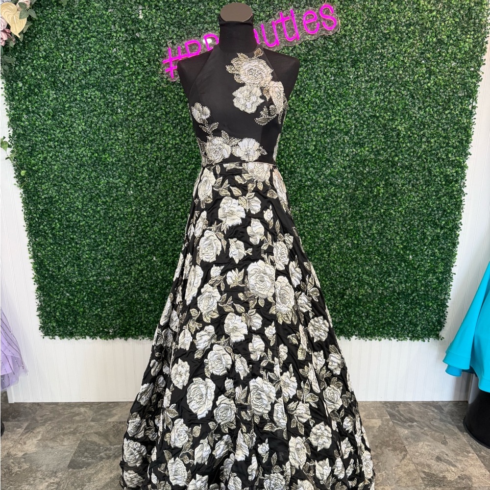 Elegant Black and White Jovani Floral Gown